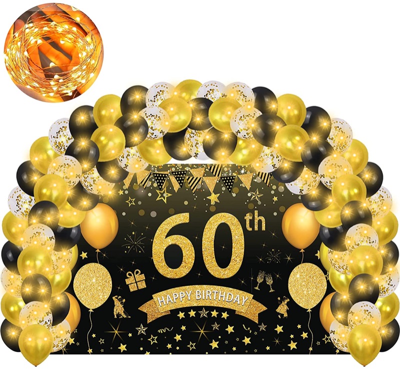 Photo 1 of 60th Birthday Decorations Backdrop Banner-Happy Black and Gold Balloons Supplies Kit,Sign Poster for Men Women Birthday Anniversary Party,Twinkle String Fairy Lights,Photo Booth Background,5×3Ft