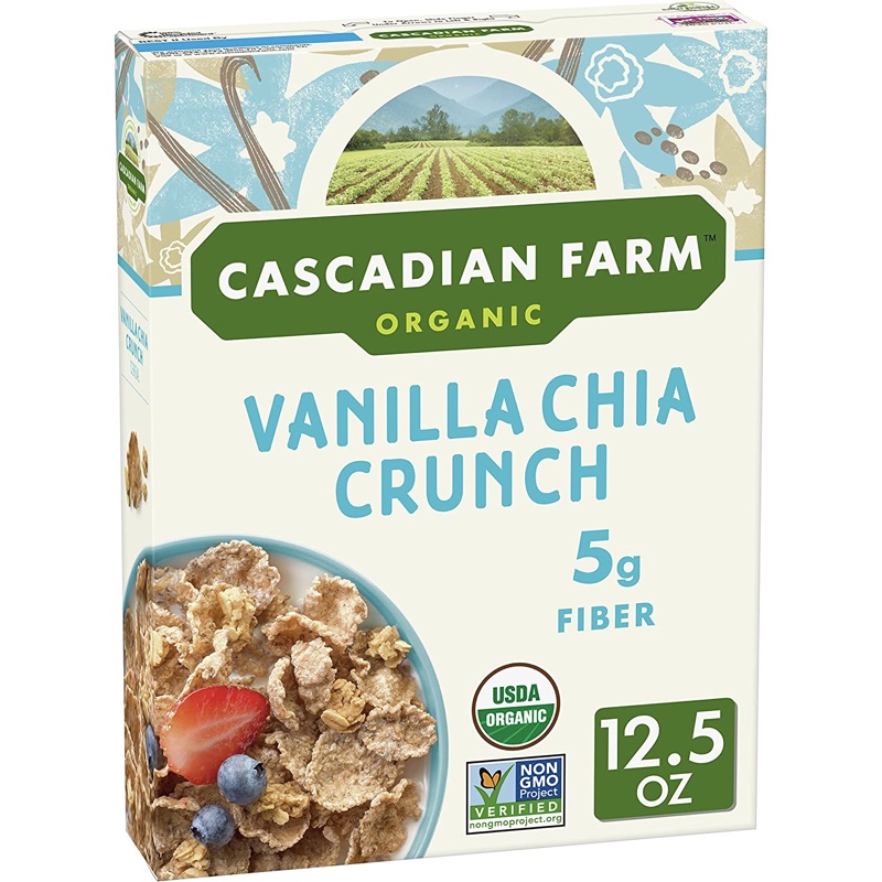 Photo 2 of  2 boxes Cascadian Farm Organic Cereal, Cinnamon Crunch, Whole Grain Cereal, 9.2 oz
1 box Cascadian Farm Organic Vanilla Chia Crunch Whole Grain Oats, 12.5 Oz

exp oct 2021