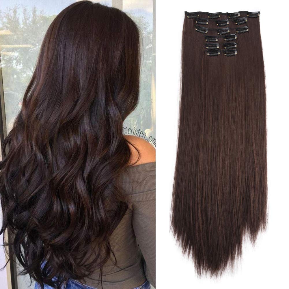 Photo 1 of FDBJulyy Straight Hair Extensions Clip in Hair 140g/6Pcs Full Head Clip in Hair Pieces for Women for Girls Synthetic Hair Dark Brown(#4)
