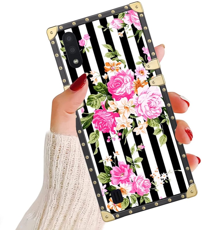 Photo 1 of AIGOMARA Square Case for Samsung Galaxy A01 (US Version) Pink Flower Floral Pattern Luxury Flexible TPU Bumper Shockproof Protection Wireless Charging Slim Phone Cover for Galaxy A01