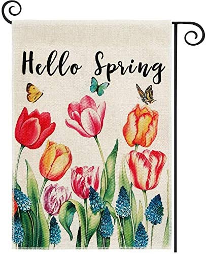 Photo 1 of DOLOPL Spring Garden Flag 12.5x19 Inch Double Sided Decorative Hello Spring Watercolor Tulips Butterflies Floral Yard Garden House Flag for Spring Outdoor Indoor Decoration