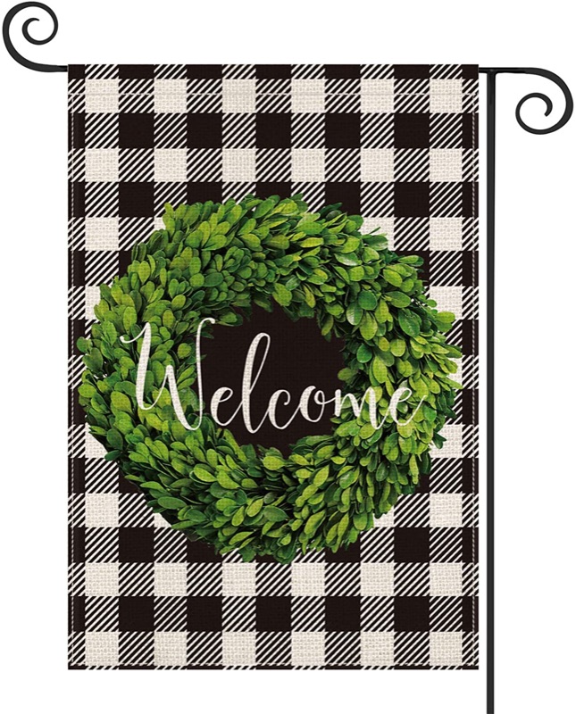 Photo 1 of AVOIN Fall Boxwood Wreath Welcome Garden Flag Vertical Double Sided, Buffalo Check Plaid Rustic Farmhouse Flag Yard Outdoor Decoration 12.5 x 18 Inch YELLOW PLAID NOT BLACK PLAID