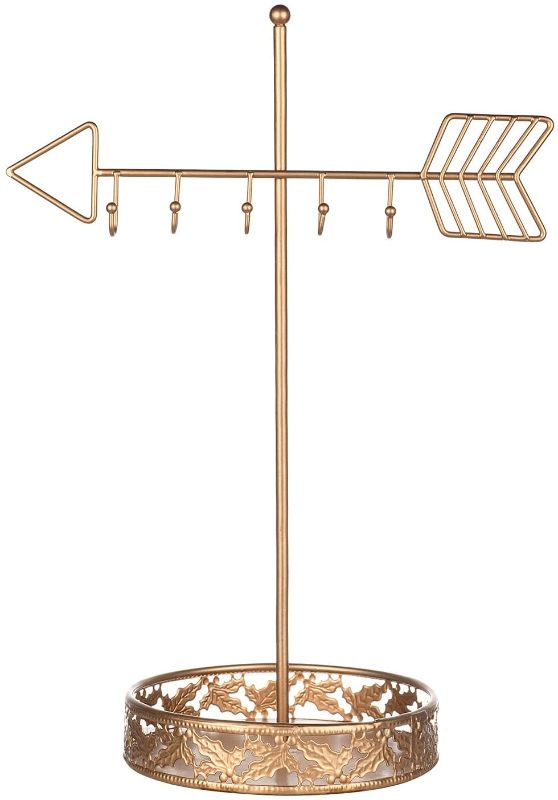 Photo 1 of Jewelry Stand Organizer with Tray Base, Golden Metal Stand Earring Bracelet and Ring