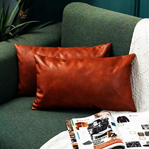 Photo 1 of YUESUO Faux Leather Throw Pillow Covers 19 1/2 x 11 1/2 Inches, Set of 2 Brown Modern Lumbar Cushion Covers