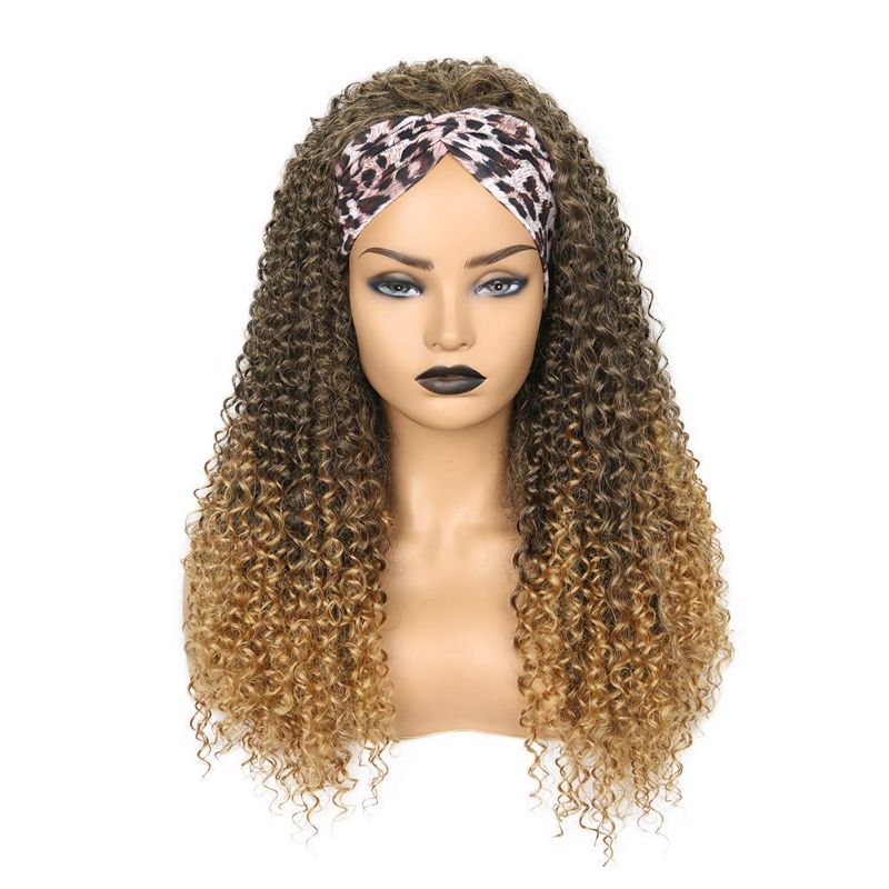 Photo 1 of Long Curly Headband Wigs None Lace Front Wigs Ombre Brown to Light Brown Synthetic Wig Heat Resistant Fiber Cosplay Party Wigs for Women