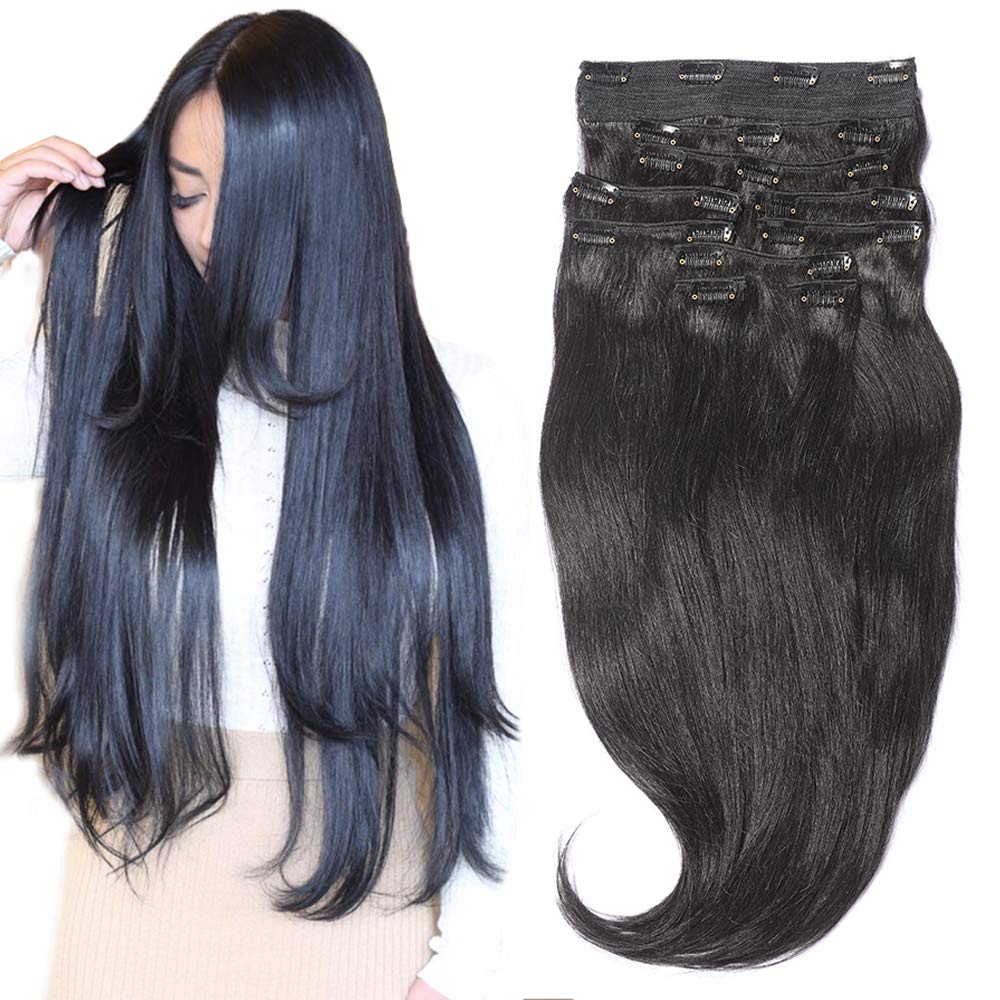 Photo 1 of Clip In Sets 10pcs Clip In Human Hair Extensions Jet Black #1 Remy Human Hair Straight For Full Head 14inch 100g Weight