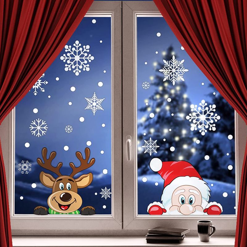 Photo 1 of 300 PCS 8 Sheet Christmas Snowflake Window Cling Stickers for Glass, Xmas Decals Decorations Holiday Snowflake Santa Claus Reindeer Decals for Party (2 pack)