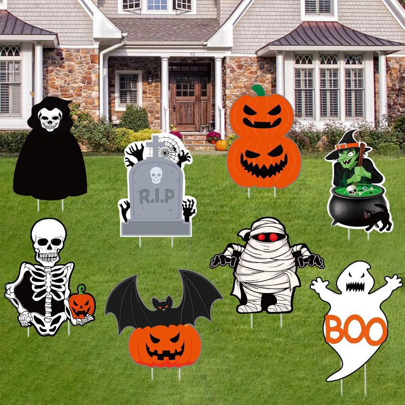 Photo 1 of 8Pcs Halloween Yard Signs Outdoor Lawn Decorations- Halloween Outdoor Decorations- Halloween Pumpkin Ghost Monster Yard Sign- Spooky Halloween Corrugated Yard Signs with Stakes- Halloween Outdoor Sign (2pack)