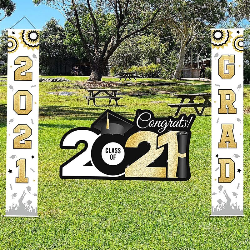 Photo 1 of 3PCS Class of 2021 Graduation Yard Lawn Sign Decorations-Double Sided Congrats Graduation Hanging Door Banner