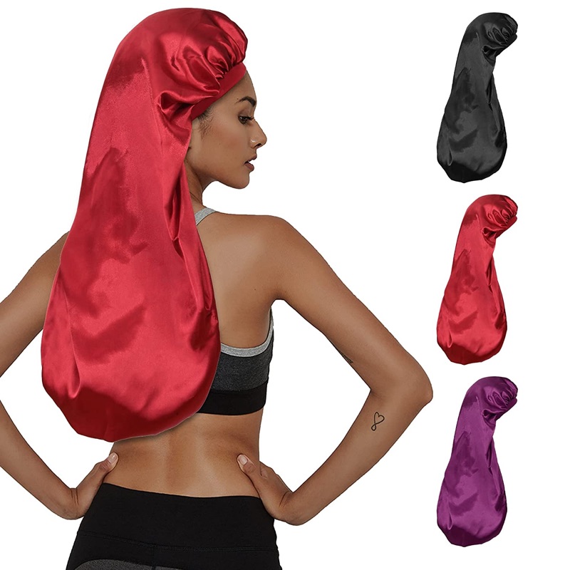 Photo 1 of Hair Bonnet for Sleeping Large Bonnets for Black Women Elastic Wide Band Bonnet for Braids Silky Satin Cap for Women Long Curly Braid Hair(Double Layer-Red)