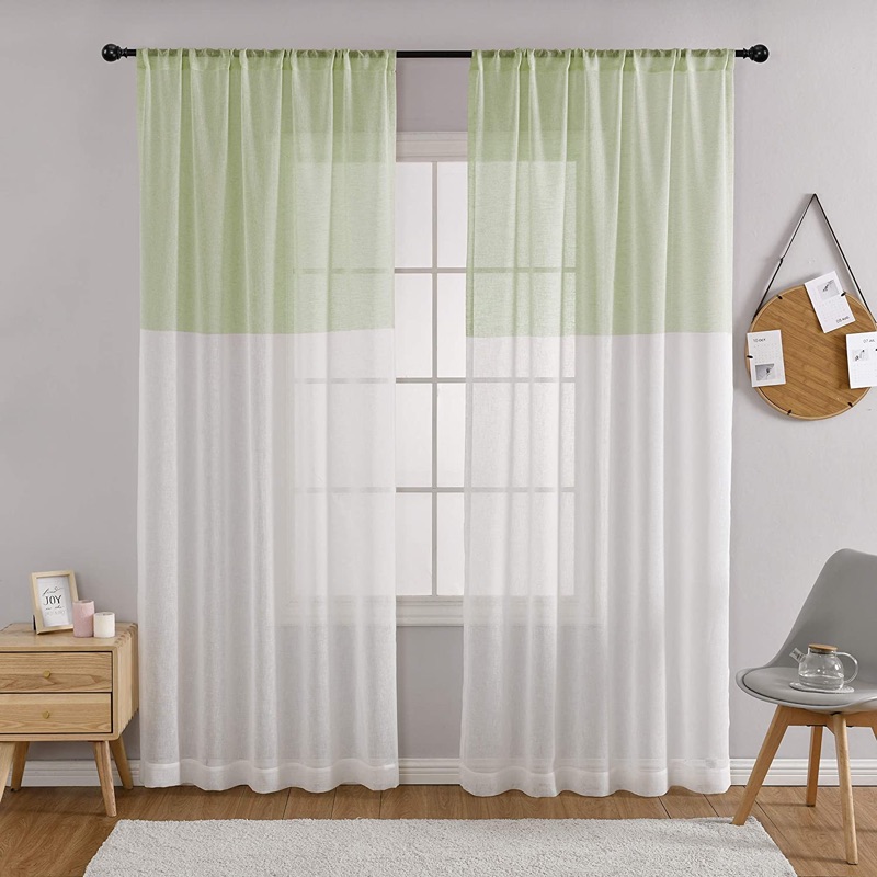 Photo 1 of Color Block Curtains for Living Room Green and White Linen Look Sheer Curtains 72 Inches Long 2 Panels Rod Pocket Farmhouse Stripe Drape Treatment for Bedroom Decor, MYSKY HOME