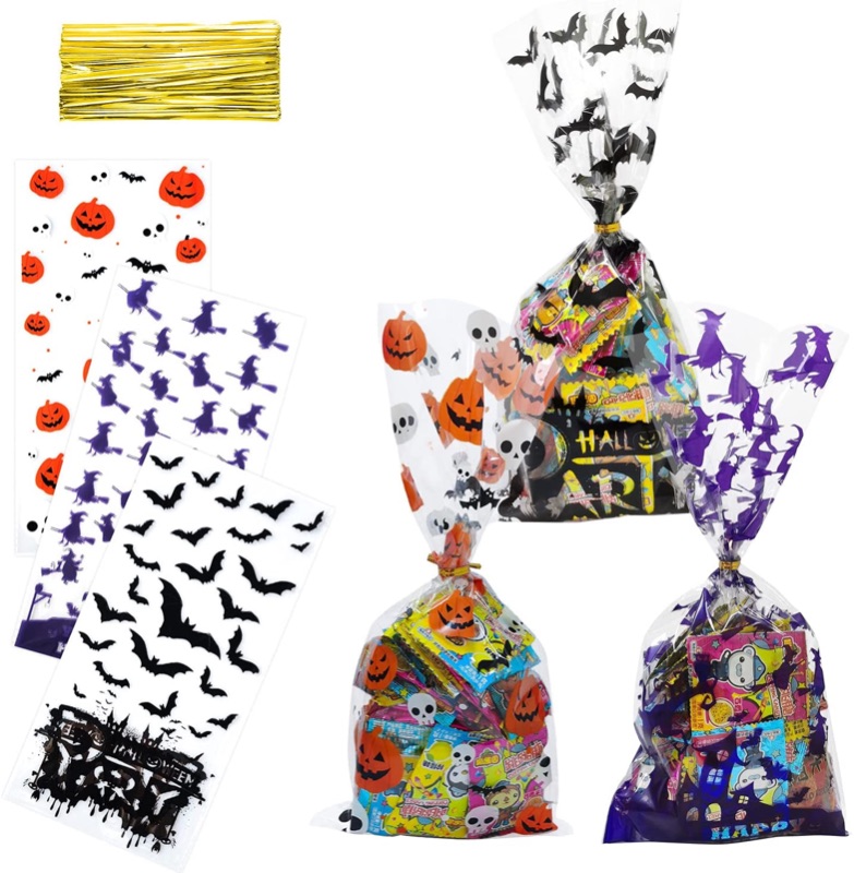 Photo 1 of 150 Pcs Halloween Treat Bags Cellophane Witch Bat Halloween Candy Bags Pumpkin Halloween Goodie Bag for Kids Halloween Party Favor