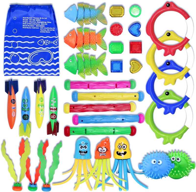 Photo 2 of Diving Toys 32 Pack Swimming Pool Toys for Kids, 5 Diving Sticks, 4 Toypedo Bandits, 4 Diving Rings, 8 Pirate Treasures, 3 Fish Toys, 3 Stringy Octopus, 3 Seaweeds, 2 Ballonfish with Storage Bag