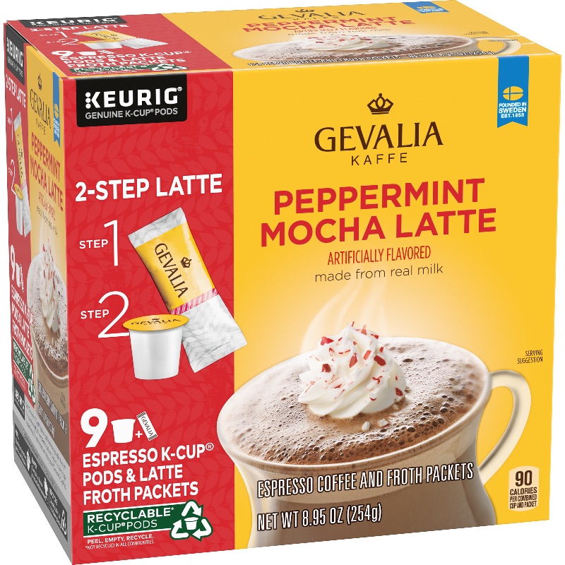 Photo 1 of Gevalia Peppermint Mocha Latte K Cup Espresso Pods with Latte Froth Packets, Caffeinated, 6 ct - 5.95 oz Box