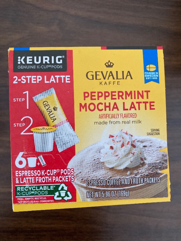 Photo 2 of Gevalia Peppermint Mocha Latte K Cup Espresso Pods with Latte Froth Packets, Caffeinated, 6 ct - 5.95 oz Box