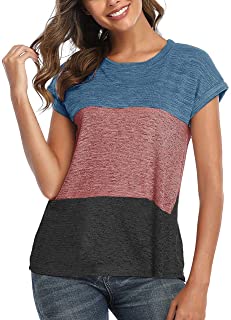 Photo 1 of Binshre Womens Color Block Short Sleeve T-Shirt Casual Summer Round Neck Loose Tunic Tops PINK SIZE SMALL