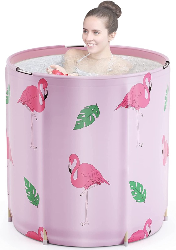 Photo 1 of DAILYLIFE Portable Bathtub, Japanese Soaking Bath Tub for Shower Stall, Foldable Bathtub with Thermal Foam, Freestanding, Folding & Soaking Spa Bath Tub with Pillow for Small Spaces… (Light Pink)