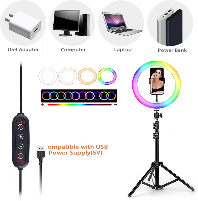 Photo 1 of Letyet 10” RGB Selfie Ring Light with a Tripod up to 45 inches and a Phone Holder for Live Broadcast/Make-up, 29 RGB Color dimmable Camera Ring Light for YouTube Videos and TikTok