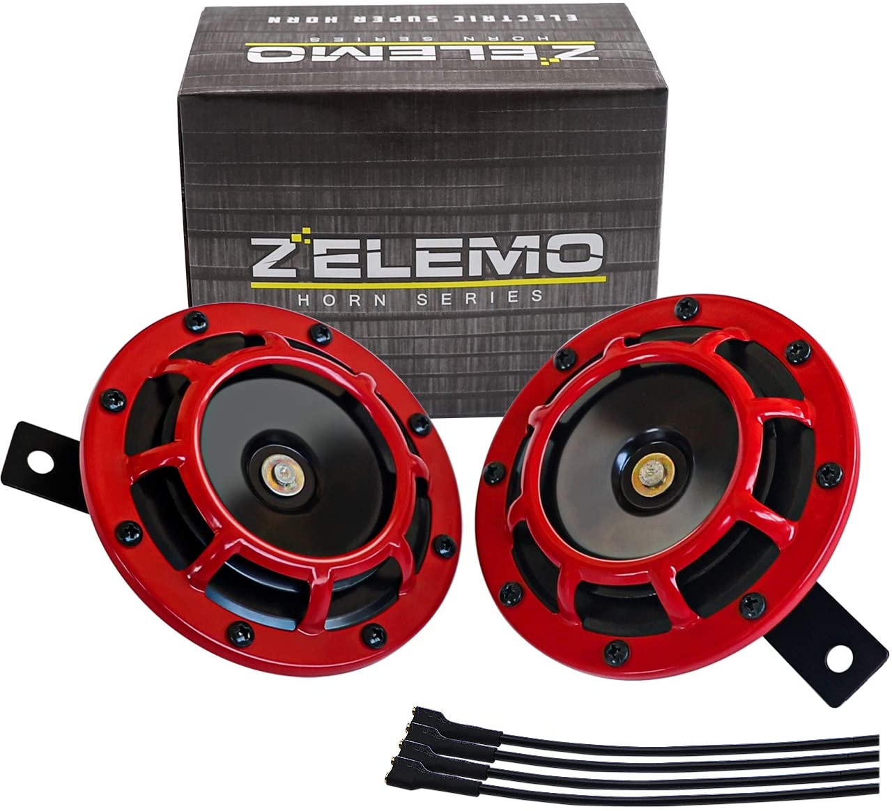 Photo 1 of ZELEMO Eletric Car Horn Kit 12V Super Loud High Tone and Low Tone Metal Twin with Red Protective Grill Works on Any 12 Volt Vehicle Horn Including Cars, Trucks, Vans, Motorcycles, Buses, Buses,Boats