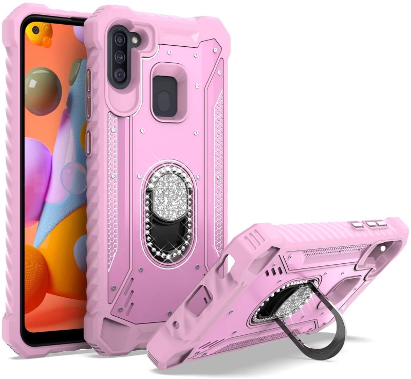 Photo 1 of EnCASEs 2 in 1 Cell Phone Case with Bling Diamond Kickstand for Samsung Galaxy A11, Aluminum Evolve Metal Jacket Hybrid Case, Shockproof Bumper Case, Pink