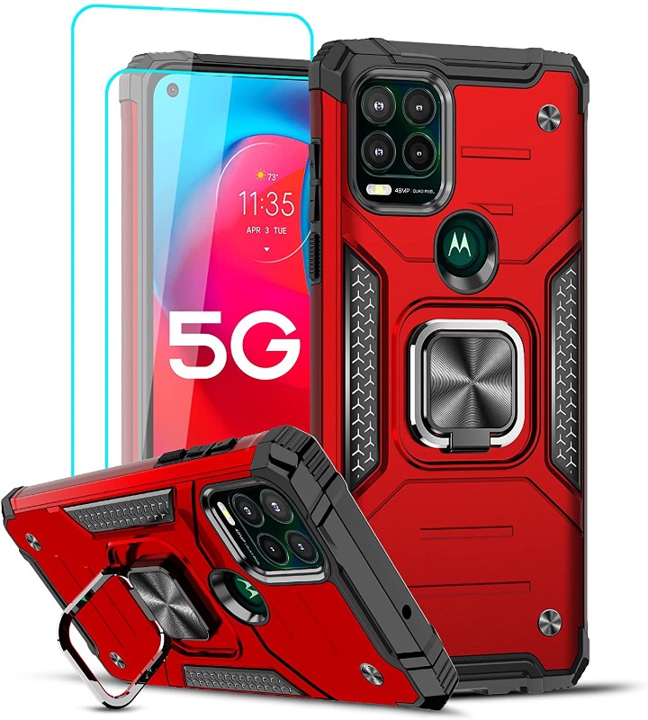 Photo 1 of LeYi for Moto G Stylus 5G Case (Not Fit G Stylus), with [ 2X Tempered Glass Screen Protector ], Shockproof [Military-Grade] Phone Case with Ring Kickstand for Motorola Moto G Stylus 5G 2021, Red