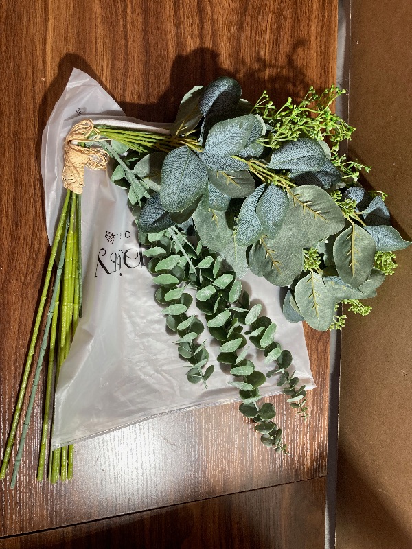 Photo 2 of 10pcs Artificial Faux Greenery – 4 Styles of Eucalyptus Leaves Bouquet · Pre-Assembled with Grass Bow · Grey Green Faux Plant 27.5” Tall - Eucalyptus Stems for Home Decoration - Greenery for Vases