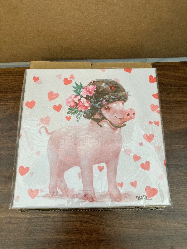 Photo 2 of B BLINGBLING Pig Pictures Farm Animal Wall Art: Funny Cute Pig in Flowers Helmet in Heart Background Canvas Print for Bedroom Bathroom Kitchen Wall Decor 12"x12"