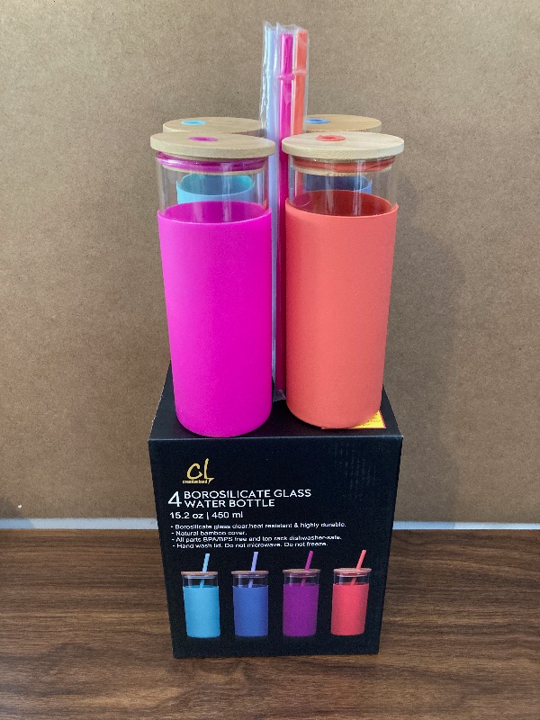 Photo 1 of CREATIVELAND 15oz Glass Tumblers Water Bottle with Bamboo Lids and Straw Silicone Protective Sleeve Eco Friendly & BPA Free,Set of 4.