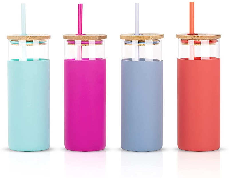 Photo 1 of CREATIVELAND 15oz Glass Tumblers Water Bottle with Bamboo Lids and Straw Silicone Protective Sleeve Eco Friendly & BPA Free,Set of 4.