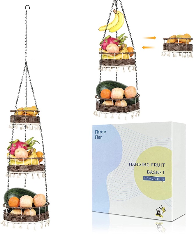 Photo 1 of CUGUORDS 3-Tier Macrame Hanging Fruit Basket-Wicker Vegetable Storage - Paper Rope Woven Vegetable Storage and Fruit Organizer - Kitchen Countertop Space Saver - Chain Adjustable - brown