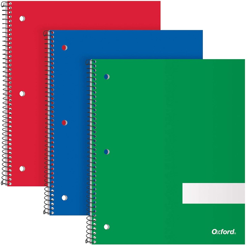 Photo 1 of Oxford Spiral Notebooks, 1 Subject, College Rule, Durable Covers, Heavy-duty Coil, 1 Pocket, 8.5 x 11, 100 Sheets, Red, Blue, Green, 3/Pack (89702)