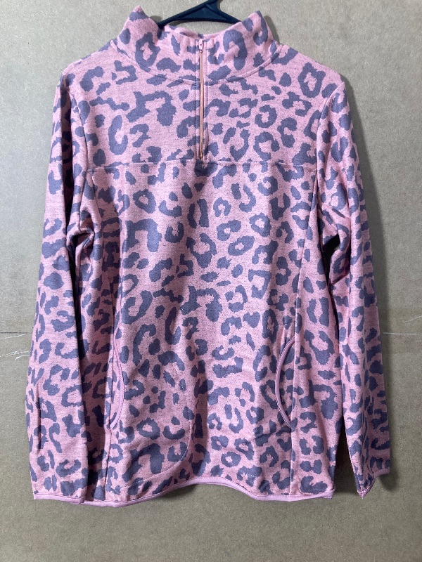 Photo 2 of BETTE BOUTIK Women Casual Pullover Sweatshirts Zip Neck Funnel Tops Long Sleeve Plain Leopard Top with Pockets PINK LEOPARD MEDIUM