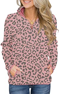 Photo 1 of BETTE BOUTIK Women Casual Pullover Sweatshirts Zip Neck Funnel Tops Long Sleeve Plain Leopard Top with Pockets PINK LEOPARD MEDIUM