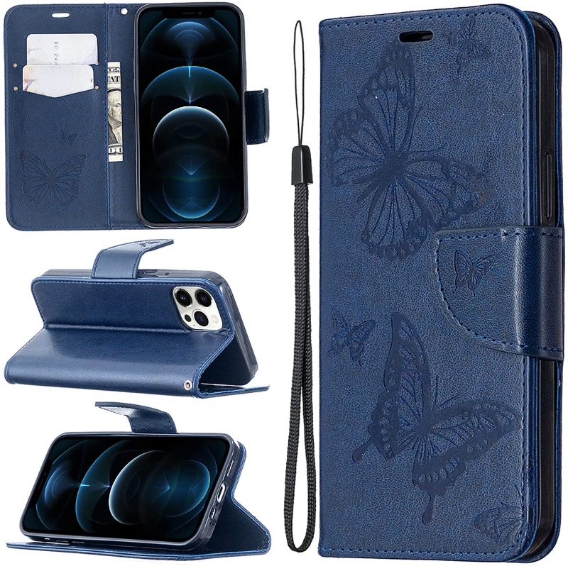 Photo 1 of MZELQ iPhone 12 Pro Max Case 6.7 Inch Wallet Butterfly with Magnetic Card Holder + Premium Leather Slot Shockproof Kickstand Cover Durable Purse Button Full Body Protection Shell-Blue