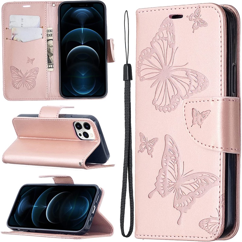 Photo 1 of MZELQ iPhone 12 Pro Max Case 6.7 Inch Wallet Butterfly with Magnetic Card Holder + Premium Leather Slot Shockproof Kickstand Cover Durable Purse Button Full Body Protection Shell-Gold Pink