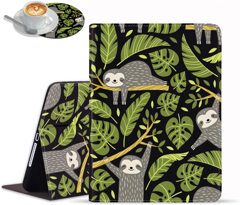 Photo 1 of LOWORO Case for iPad 8th Gen (2020)/7th Gen (2019), iPad Air (3rd Gen) 10.5" 2019/Pro 10.5 2017 - Adjustable Stand Auto Wake/Sleep Smart Case, Cute Sloths and Tropical Palm Leaves (with Coasters)