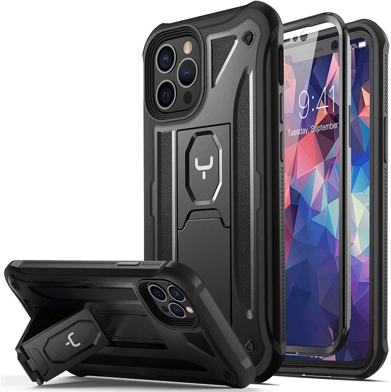 Photo 1 of YOUMAKER Designed for iPhone 12 Case & iPhone 12 Pro Case Heavy Duty Protection Kickstand with Built-in Screen Protector Shockproof Cover for iPhone 12/12 Pro Case 6.1 inch - Black