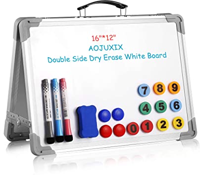 Photo 1 of Aojuxix Small Dry Erase White Board, Portable Double Side Desk Magnetic Whiteboard with Holder for Kids Drawing Teacher Instruction and Office Meeting, 16x12 Inch