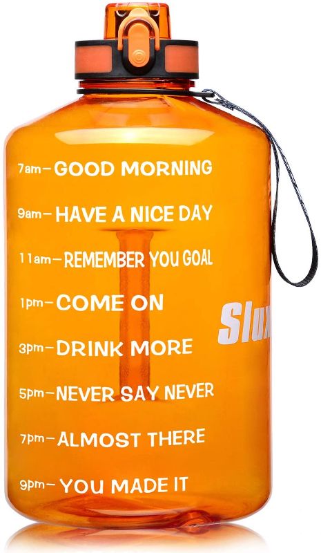 Photo 1 of 1 Gallon Water Bottle with Motivational Time Marker, Large, 128 Ounce, Reusable, Leak Proof, BPA Free, Large Spout, Water Bottle for Running, Fitness, Camping, Hiking, Outdoors