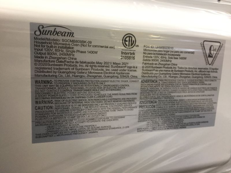 Photo 5 of 
Sunbeam 0.9 cu ft 900W Microwave Oven - Black - SGB8901