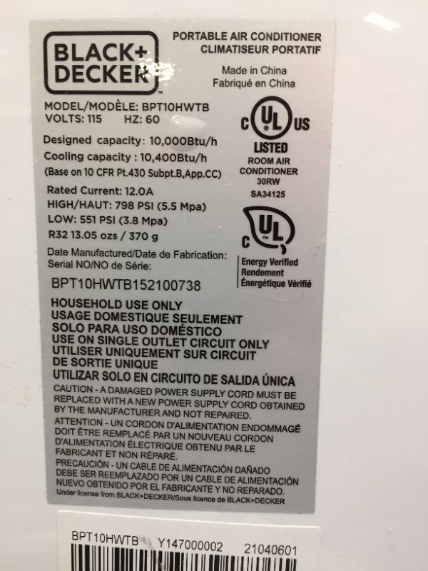 Photo 2 of BLACK+DECKER BPT10HWTB Heat Portable Air Conditioner, 10,000 BTU SACC/CEC (14,000 BTU ASHRAE), White
