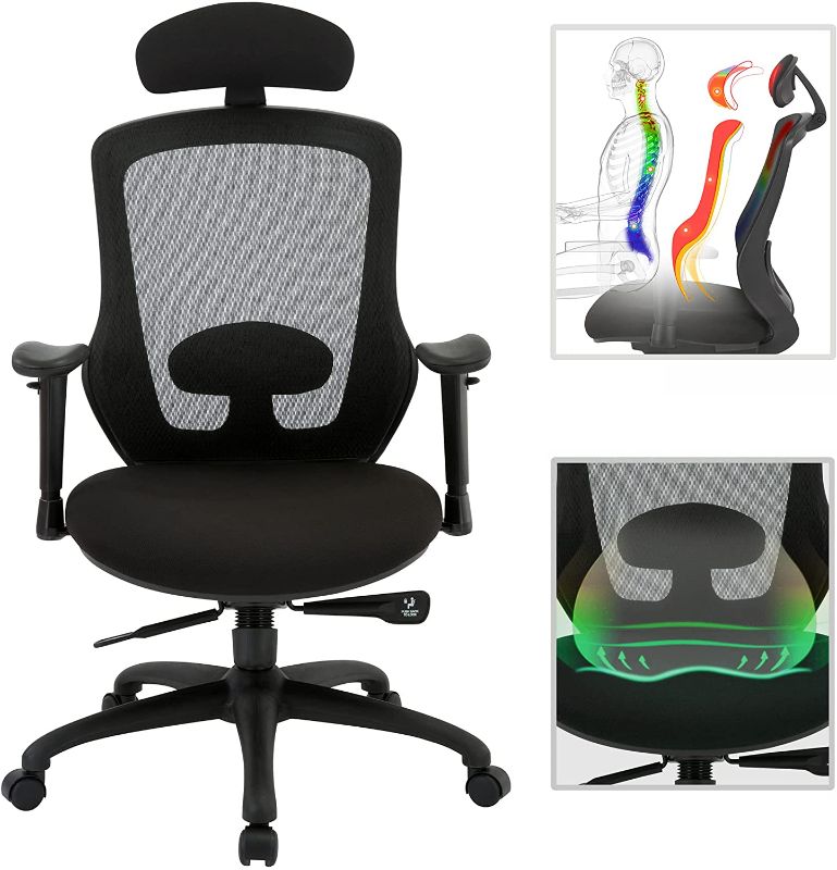 Photo 1 of High Back Office Chair, Ergonomic Mesh Desk Chairs with Adjustable Headrest 3D Armrest Lumbar Support, Tilting & Lock Task Chair with Thick Seat Cushion, Comfortable Swivel Executive Chair, Black
