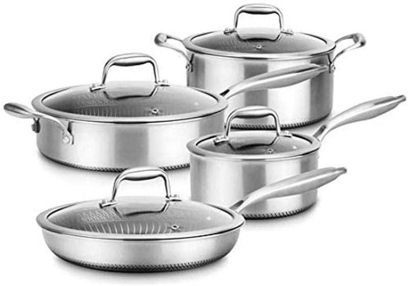 Photo 1 of 8-Piece Triply Cookware Set Stainless Steel-Triply Kitchenware Pots and Pans Set Kitchen Cookware w/ DAKIN Etching Non-Stick Coating-Sauce Pot