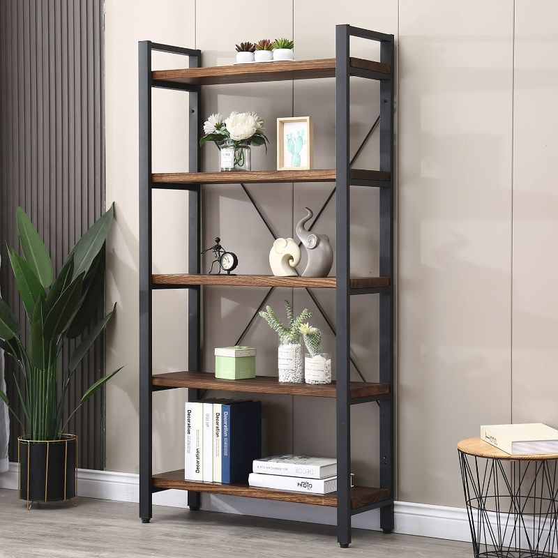 Photo 1 of 5 Tier Bookcase, Solid Wood Bookshelf Rustic Vintage Industrial Etagere Bookcase, Metal and Wood Free Vintage Bookshelf, Retro Brown (Real Wood) (5-Tier)
