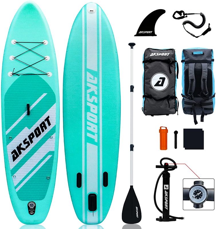 Photo 1 of AKSPORT 106326 Inflatable Stand Up Paddle Board with Premium NonSlip DeckTravel BackpackAdjustable PaddlePumpLeash for Youth  Adult UltraLight Surfing SUP Boards