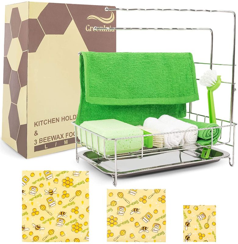 Photo 1 of Dish rag holder,Dishcloth Holder, Kitchen Sink Organizer stainless-steel, Beeswax wrap drying rack, Including 3 pcs of Reusable Beewax Food Wrap