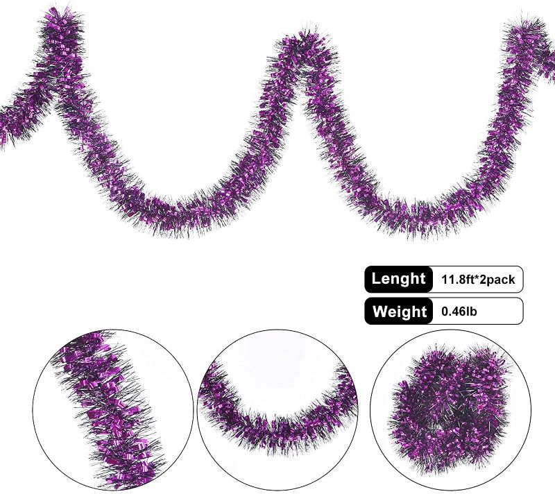 Photo 1 of COVFEVER 2 Pack Halloween Metallic Tinsel Twist Garland 12FT Long, Perfect for Halloween Decorations Indoor Outdoor (Purple)