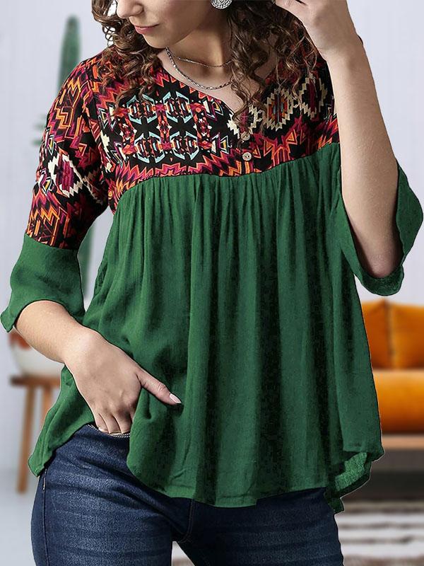 Photo 1 of EBIFIN Women 3/4 length bell sleeves notched V neck bloused summer casual boho pleated shirt geometry print A-line silky tunic tops