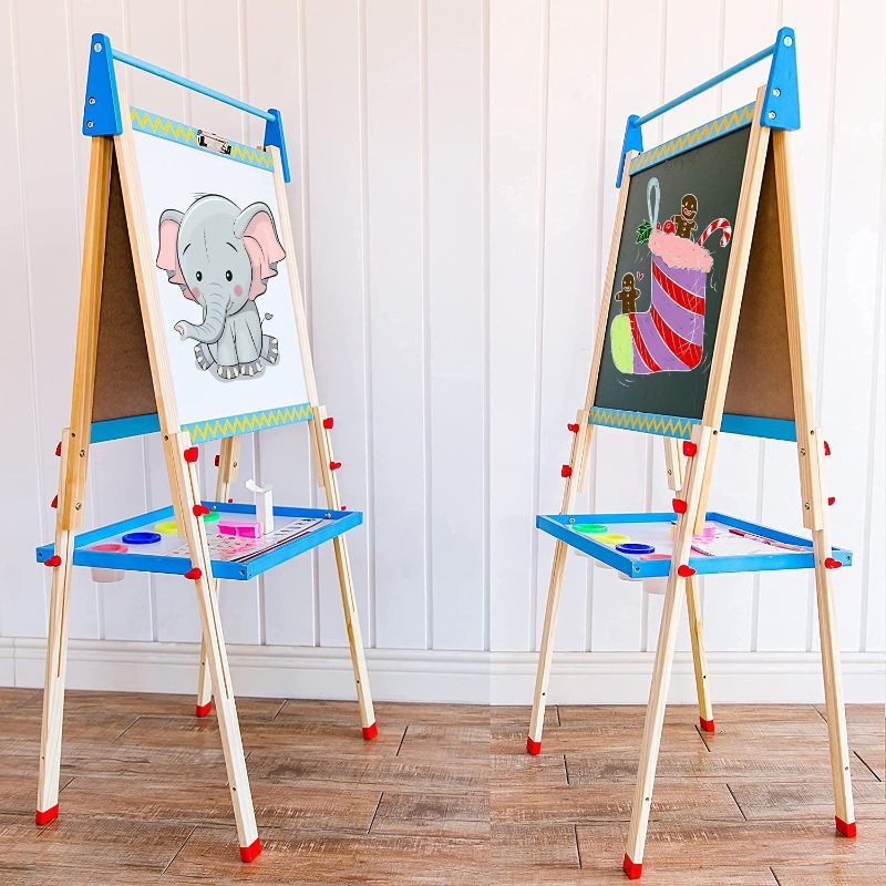 Photo 1 of DLone Easel for Kids, Kids Easel with Wooden Paper roll Holder Double-Sided Whiteboard & Chalkboard Kids Art Easel Magnetics, Numbers and Others, Easley for Kids,Tollders, Boys and Girls (Blue)
