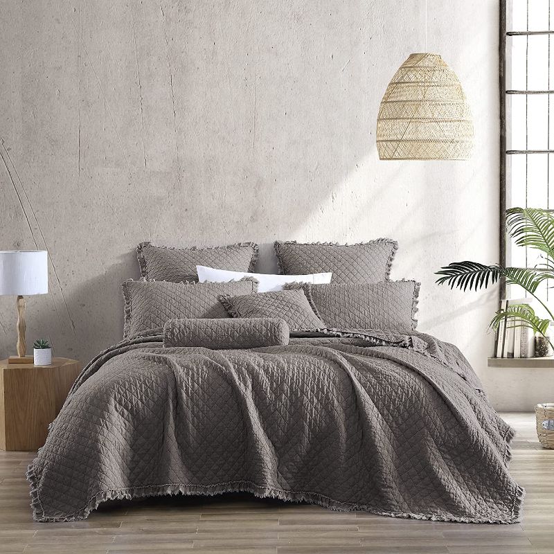 Photo 1 of Brielle Home Ravi Stone Washed Solid Diamond Stitched Quilt Set, King, Grey